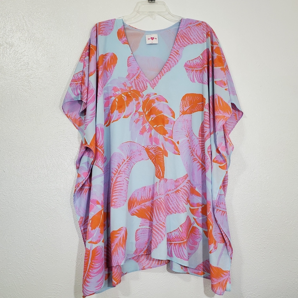 Buddy Love Light Blue Tropical Kaftan with Pink and Orange Leaf Print